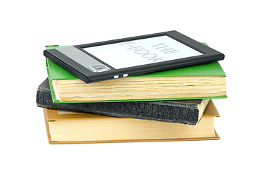 Image showing E-book reader and classic paper books