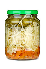 Image showing Vegetable assortment marinated in glass jar