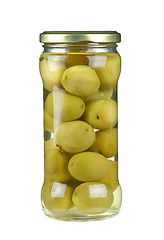 Image showing Glass jar with marinated giant olives