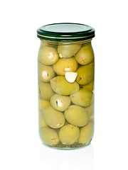 Image showing Olives with garlic conserved in glass jar