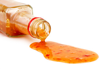 Image showing Piquant red sauce leaking from the bottle