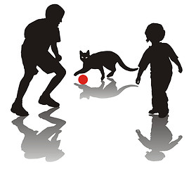 Image showing Children play with a cat