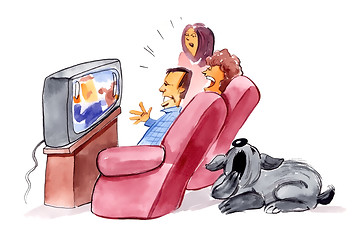Image showing family watching television and bored dog