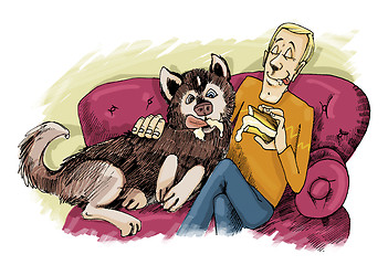 Image showing husky dog and his owner on sofa