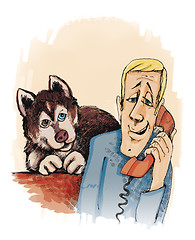 Image showing man calling and husky dog