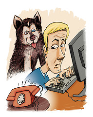 Image showing husky dog his owner and phone calling