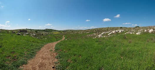 Image showing Hiking trail among Mediterranean hills in spring