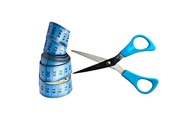 Image showing Blue tape measure and scissor