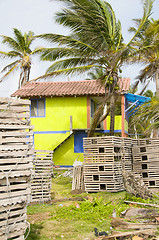 Image showing fisherman's colorful house lobster traps