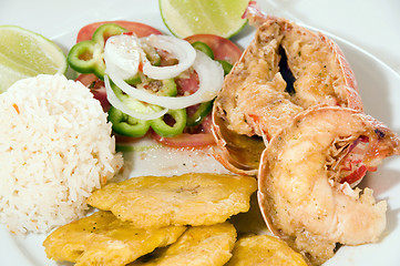 Image showing Caribbean lobster tail dinner with tostones rice salad