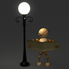 Image showing 3d wood man standing near lamppost