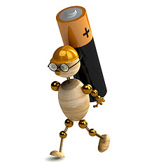 Image showing 3d wood man is carring battery