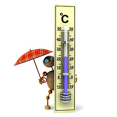 Image showing 3d wood man is holding termometer