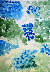 Image showing Abstract watercolor blue flowers background on paper texture