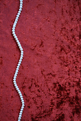Image showing Necklace of white pearls on a terracotta velvet 