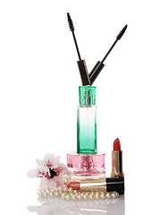 Image showing Pearls beads, cosmetics and parfume 