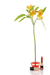 Image showing perfume bottle, yellow flower and two red lipstick