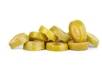 Image showing Few sliced green olives