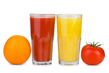 Image showing Drinking glasses with tomato and orange juice and tomato & orange near