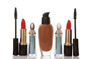 Image showing red lipstick and cosmetics, beauty concept
