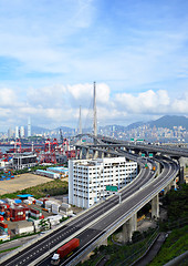 Image showing bridge and container terminal  in Hong Kong