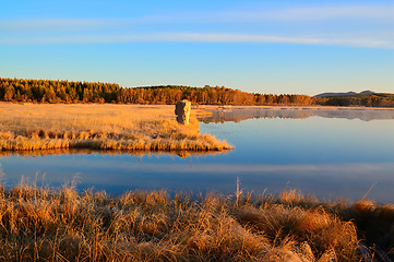 Image showing Sunrise landscape of lake in grassland