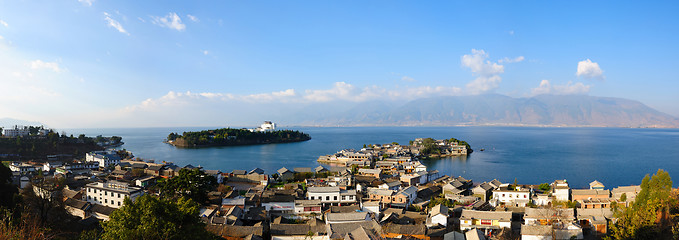 Image showing Panorama landscape of lake and village