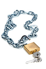 Image showing Open padlock and chain with keys