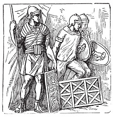 Image showing Roman segmented armors and shield old engraving, based on the Tr