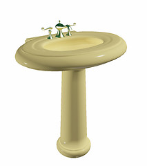 Image showing Cream colored washbasin or sink on a stand, with golden faucet.