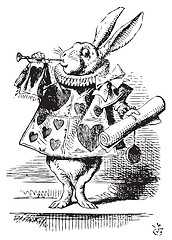 Image showing White Rabbit, dressed as a herald, blowing trumpet - Alice's Adv