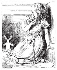 Image showing Alice grown big looking at the White Rabbit returning, splendidl