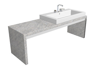 Image showing White square sink with chrome faucet, sitting on a granite table