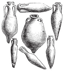 Image showing Greek and Roman amphora vases vintage engraving.