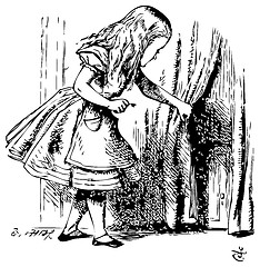 Image showing Alice is looking behind a curtain to reveal a hidden door