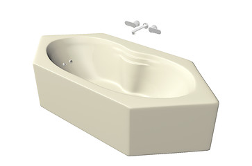 Image showing Cream colored hexagonal bathtub with stainless fixtures