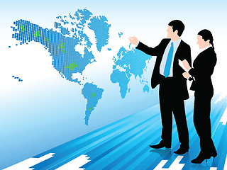 Image showing Businessman and woman looking at a digital world map