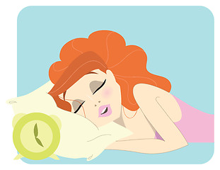 Image showing Cute redhead woman sleeping next to a clock