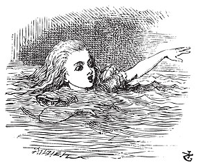 Image showing Alice Swimming in her pool of giant tears, up to her chin in sal