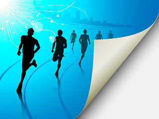 Image showing Group of runners on a blue cityscape background, with the page f