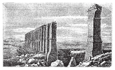 Image showing Carthage roman aqueduct ruins old engraving.