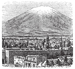Image showing Arequipa and the Misti volcano old engraving, in 1890.