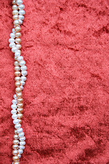 Image showing White and pink pearls on the terracotta velvet background