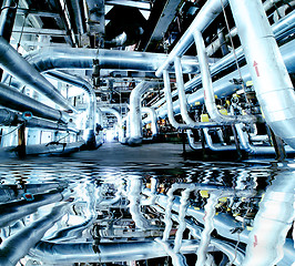 Image showing Industrial zone, Steel pipelines in blue tones with reflection