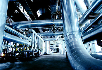 Image showing Industrial zone, Steel pipelines in blue tones  