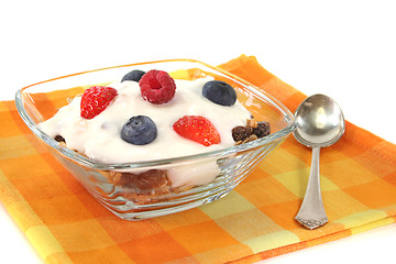 Image showing muesli with yogurt, fresh fruit and nuts