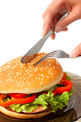 Image showing Big hamburger on a plate meal time