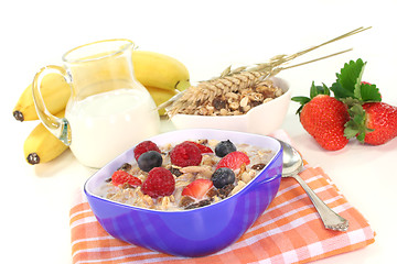 Image showing muesli with milk, fresh fruits and nuts