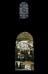 Image showing View of Granada through the typical Moorish windows of the Nasri