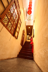 Image showing Chinese traditional corridor in wooden with red lantern.